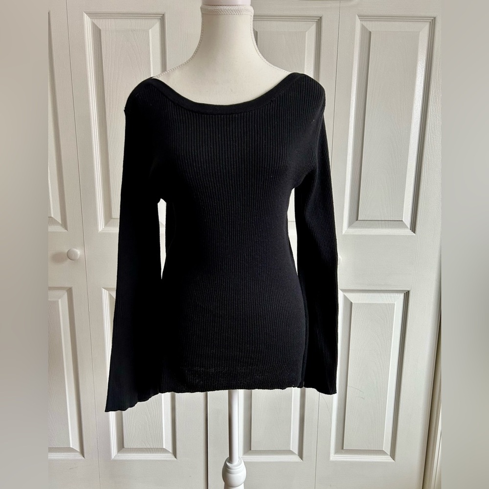 Bell Sleeve, Boat Neck, Black Ribbed Tunic Sweater